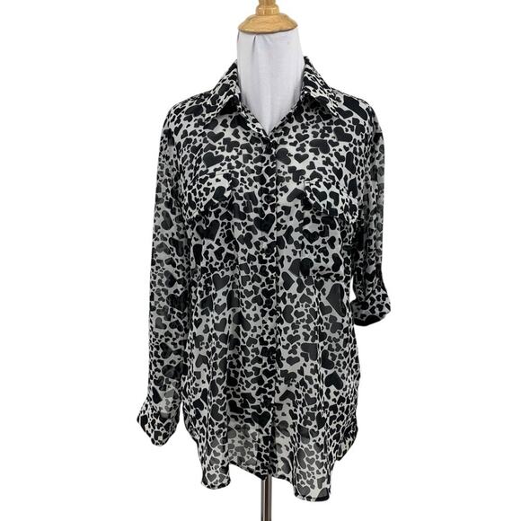 Elan Shirt Womens S Small Black White Sheer Heart Print Button Up Tab Sleeves - Picture 1 of 11